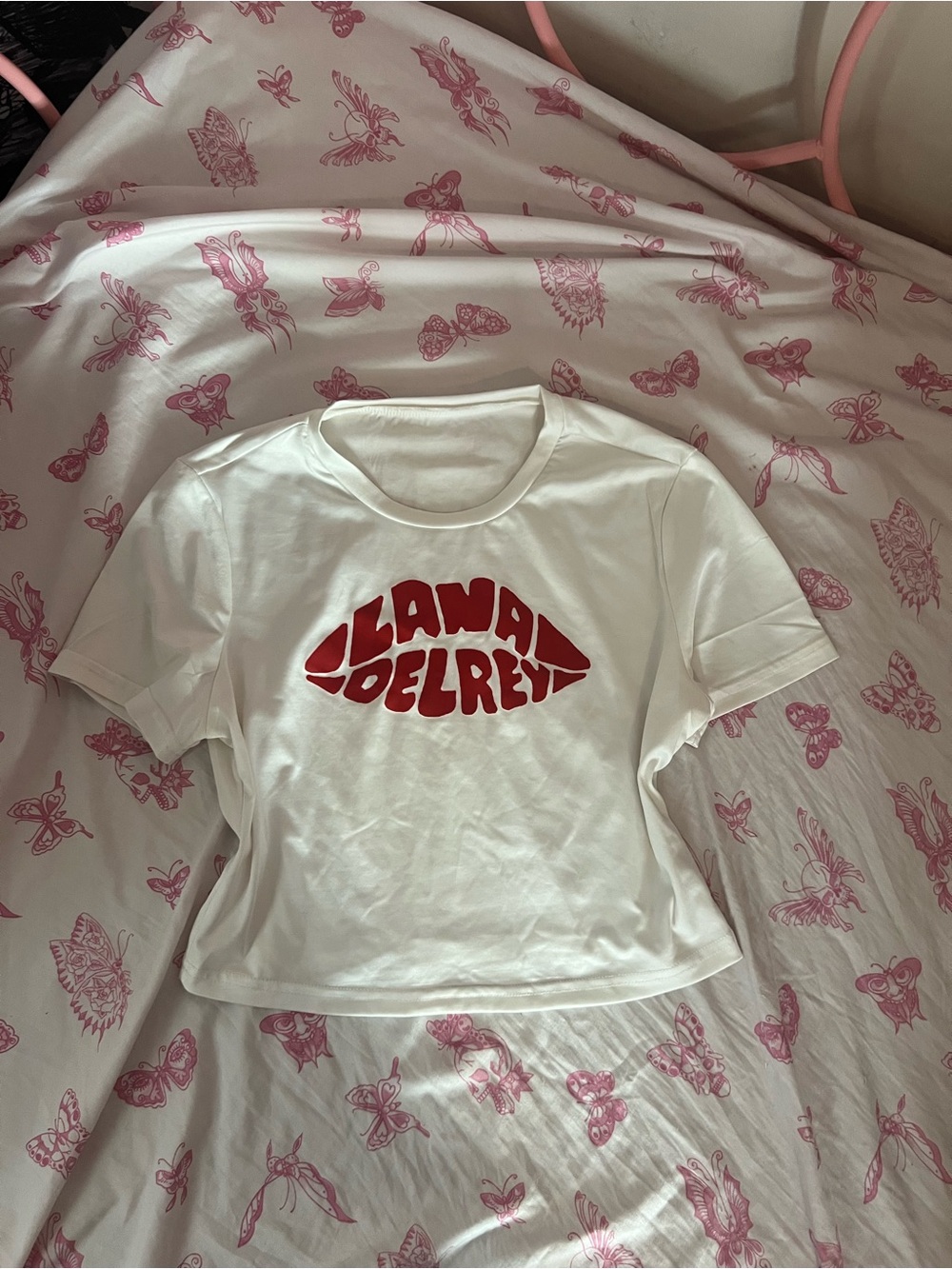 White Crop Tee with Red 'Lana Del Rey' Lip Graphic